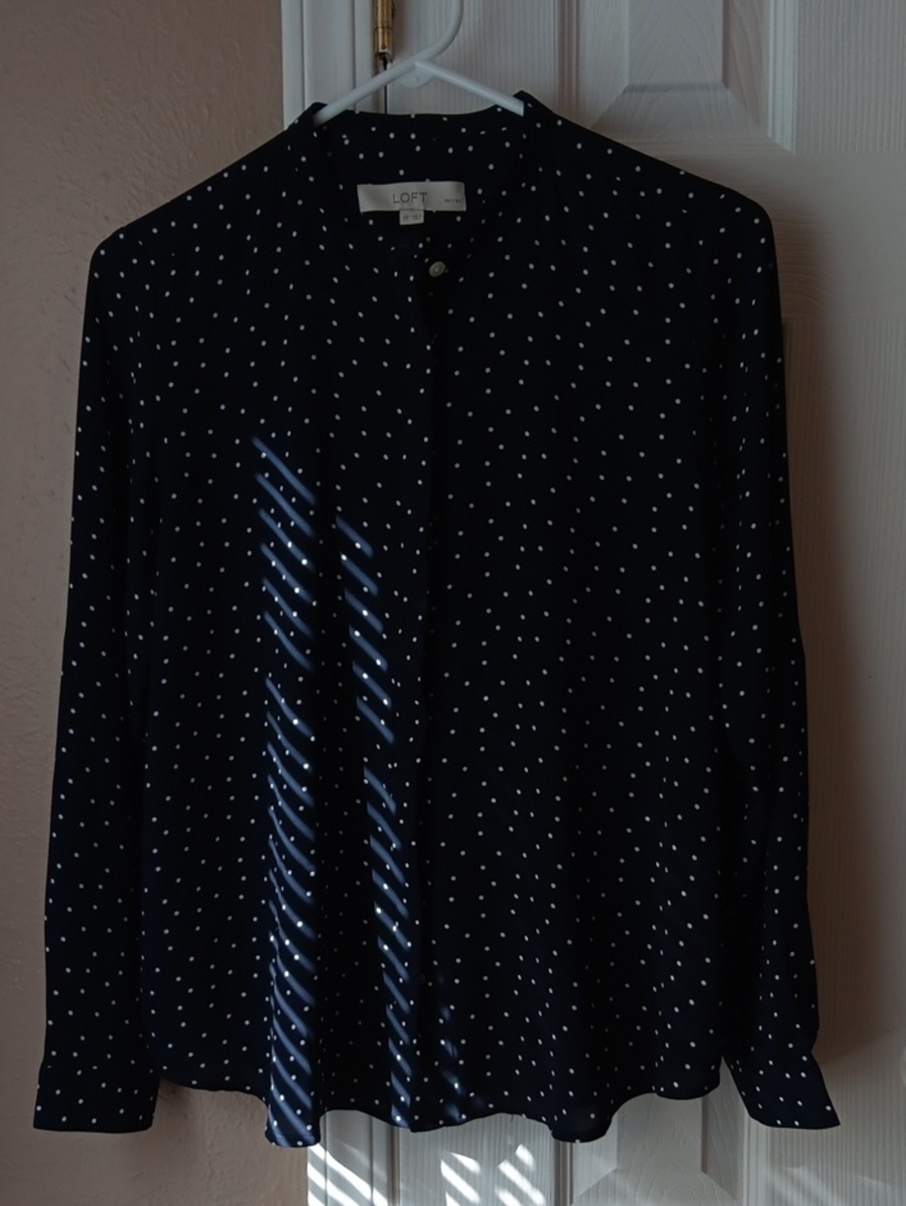 LOFT Navy Blouse Button Down with White Polka Dots